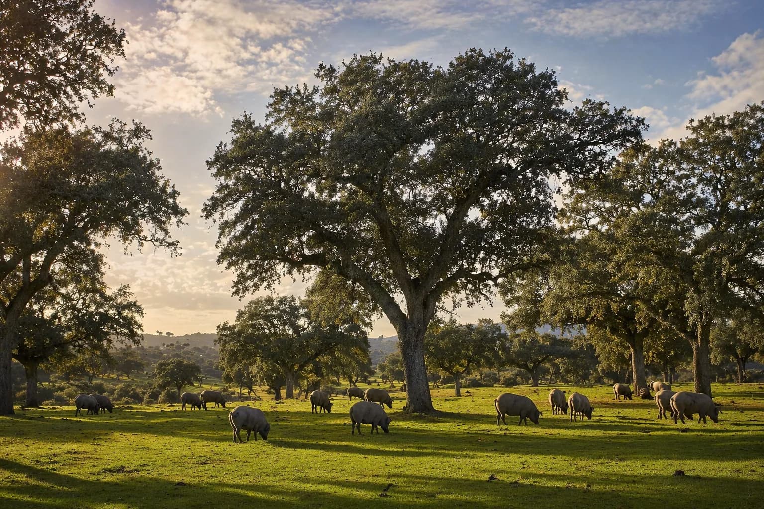 Ibérico pigs grazing in the dehesa at dusk