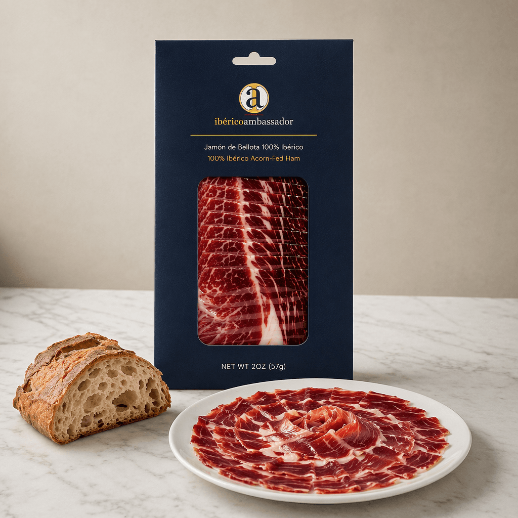 Ibérico Ambassador — hand-sliced jamón on a plate with rustic bread