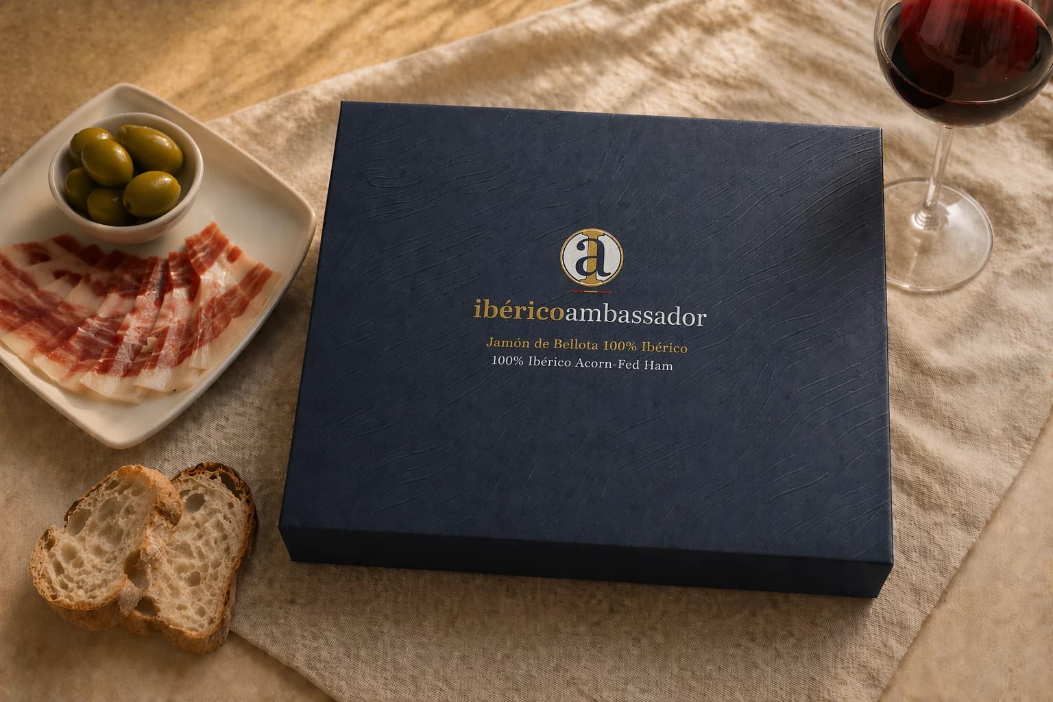 Ibérico Ambassador — the closed gift box with jamón, olives, bread and wine