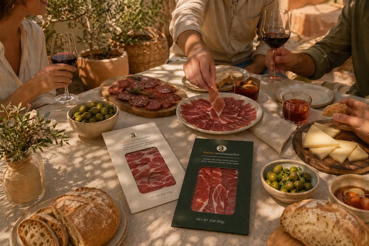 A festive Spanish terrace table with jamón, embutidos and cheese, set with Ibérico Ambassador packs
